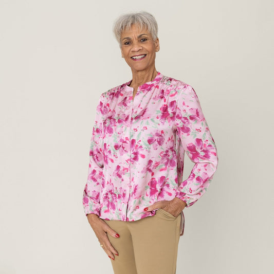 Pink Floral Everyday Magnetic Button Blouse for Women