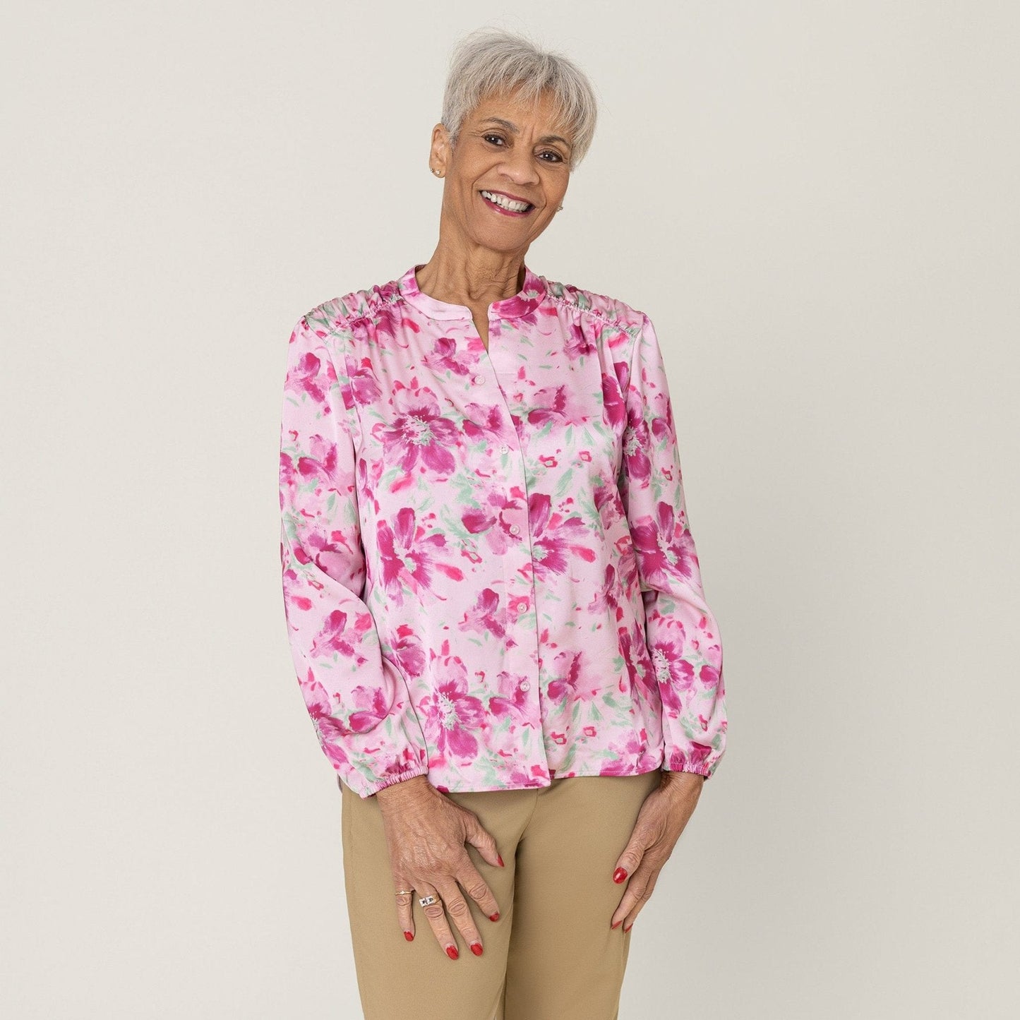 Pink Floral Everyday Magnetic Button Blouse for Women